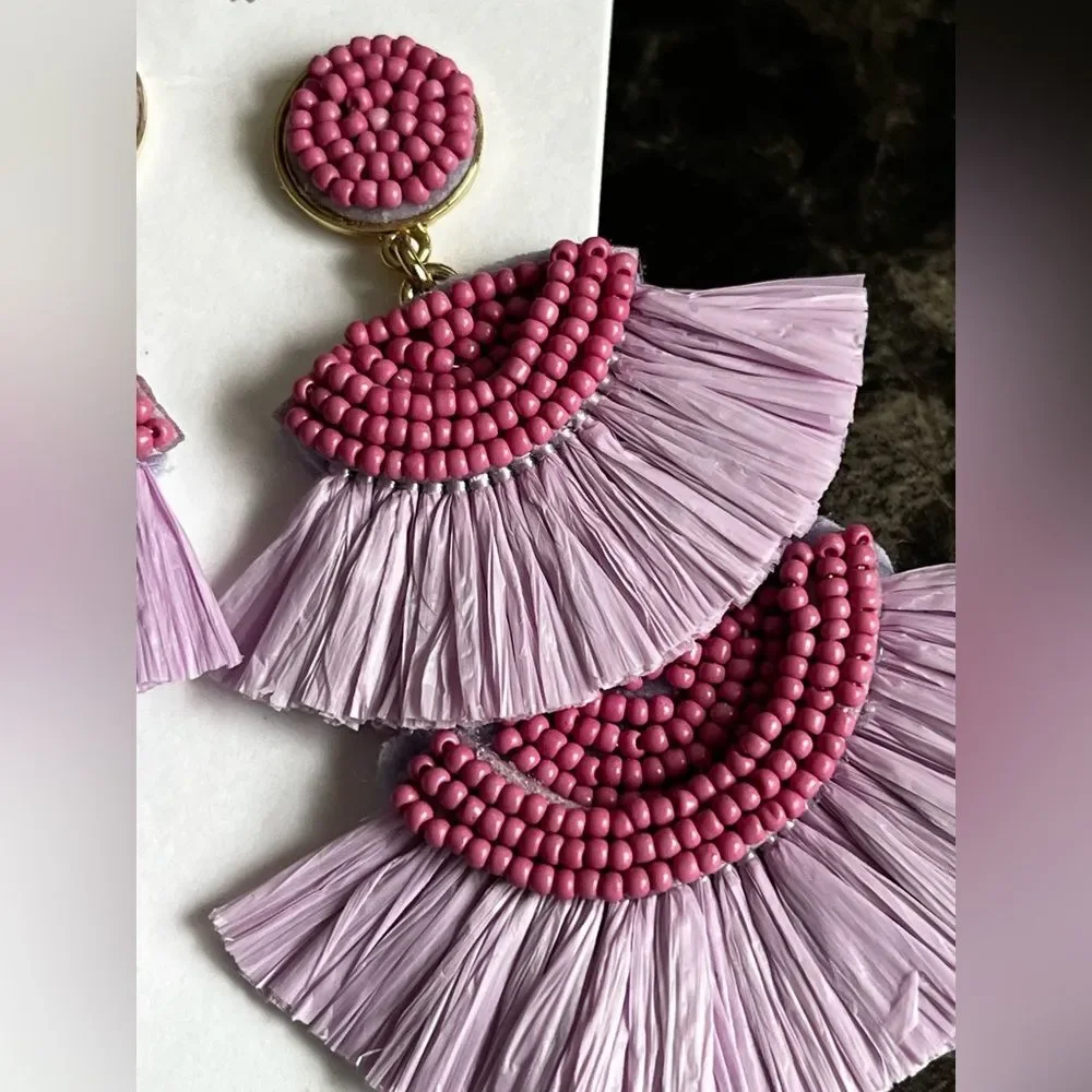 J Crew Women's Beaded Fan‎ Statement Earrings Chunky Drop Lavender Pink NEW $49